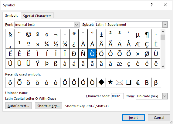 Insert O With an Accent Using Word's Symbol Menu
