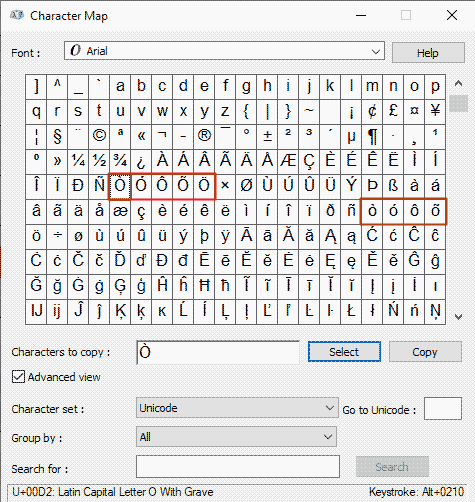 O With an Accent Using Character Map on Windows