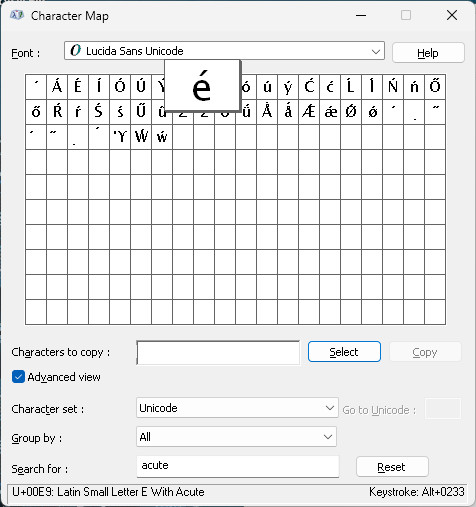 Windows Character Map e with accent