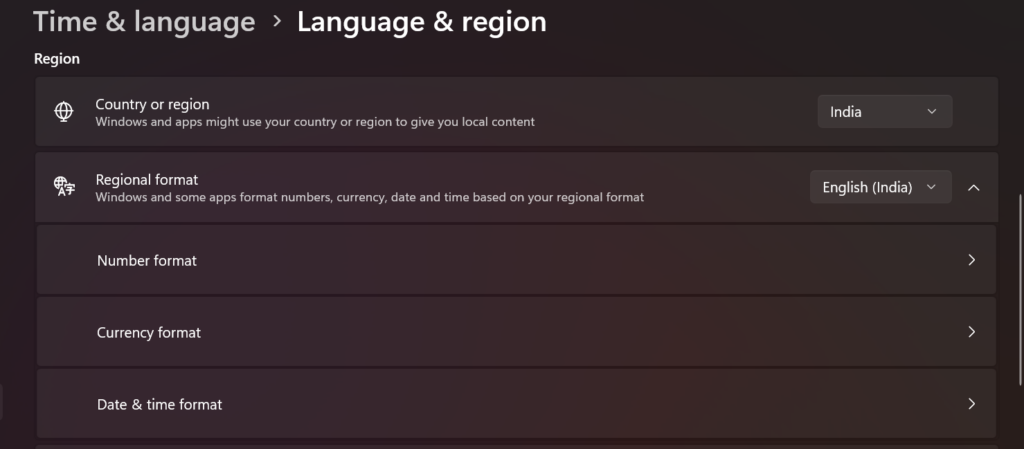 Time and Language Regional Format