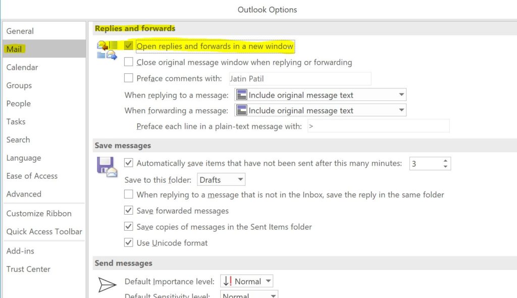 Outlook- Reply and forward options